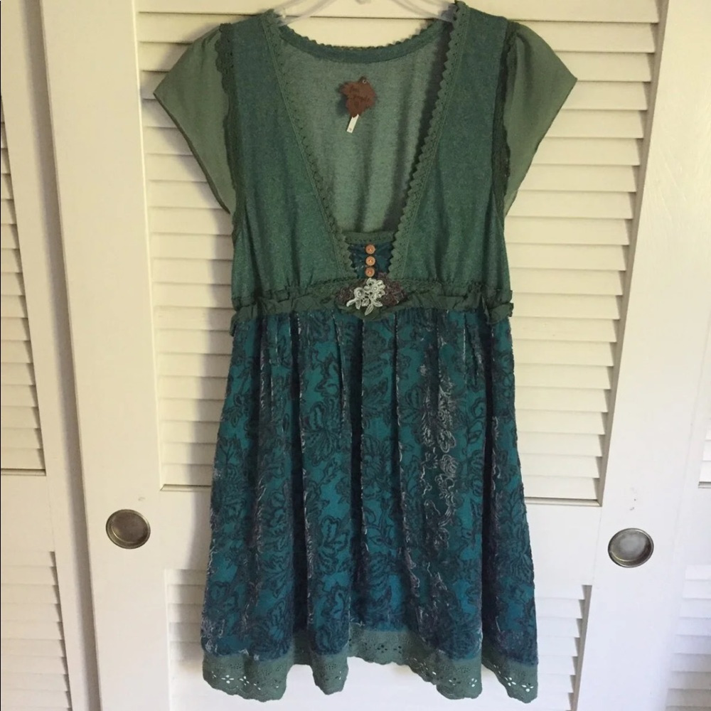 FREE PEOPLE rare teal blue green mini babydoll dress boho velvet print 10 small